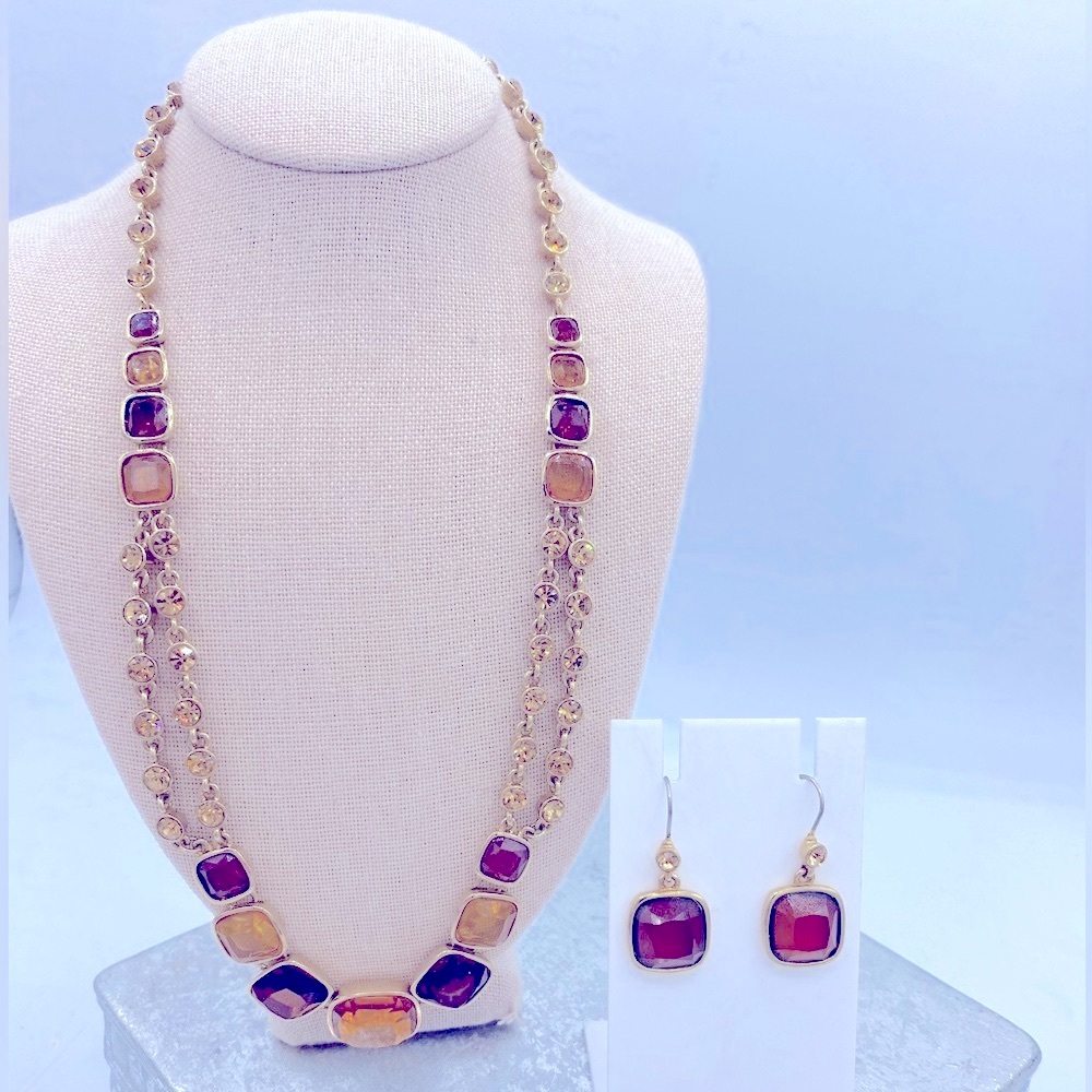 Vintage Brown And Gold Geometric Style Rhinestone Collar Necklace With Earrings